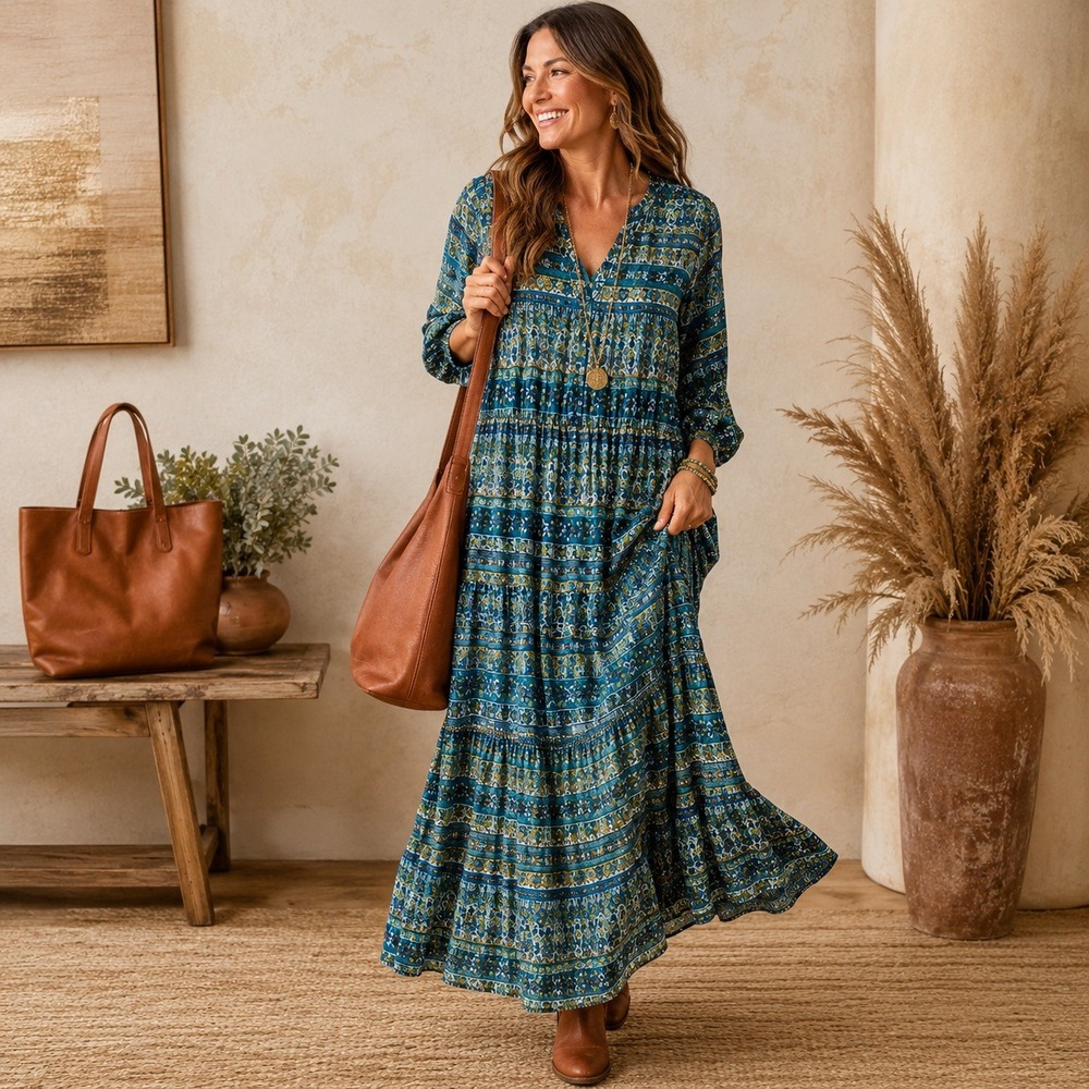 J. Jill Paisley Print Tiered Maxi Dress 100% Rayon Blue Green Boho Large V-Neck